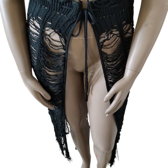 Distressed Tie Waist Short Sleeve Fringe Knit Cover Up Robe Womens XXL Black - Picture 8 of 15